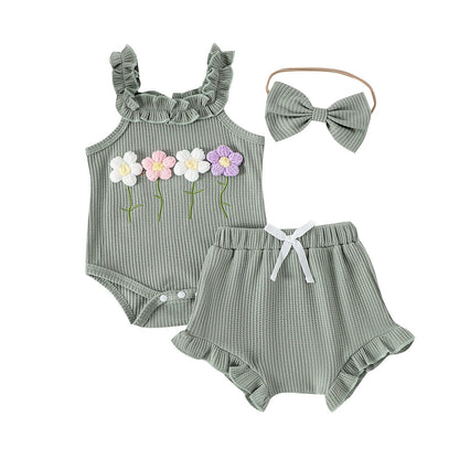 Girls' Summer Embroidered Three-piece Set With Suspenders