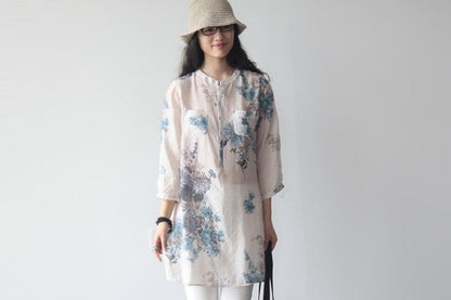 large size cotton and linen floral loose long paragraph seven-point sleeve shirt Korean version of the literary women's clothing