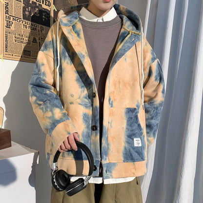 Men's Tie Dyed Hooded Sweater Autumn New Hong Kong Style Loose Cardigan Top Large Casual Couple Print Coat