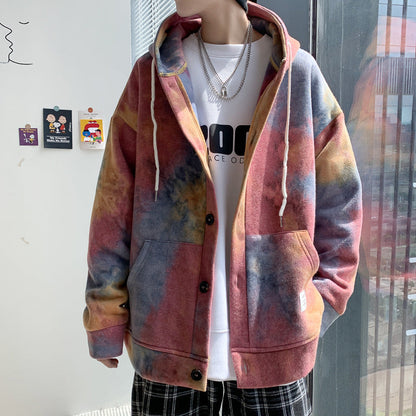 Men's Tie Dyed Hooded Sweater Autumn New Hong Kong Style Loose Cardigan Top Large Casual Couple Print Coat
