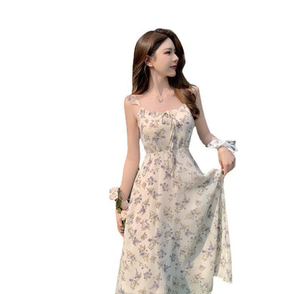 Women"S New Summer French Gentle And Elegant Chiffon Dress With Fragmentary Flower Temperament