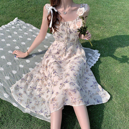 Women"S New Summer French Gentle And Elegant Chiffon Dress With Fragmentary Flower Temperament