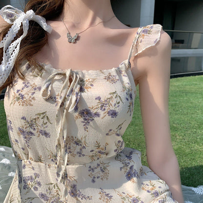 Women"S New Summer French Gentle And Elegant Chiffon Dress With Fragmentary Flower Temperament