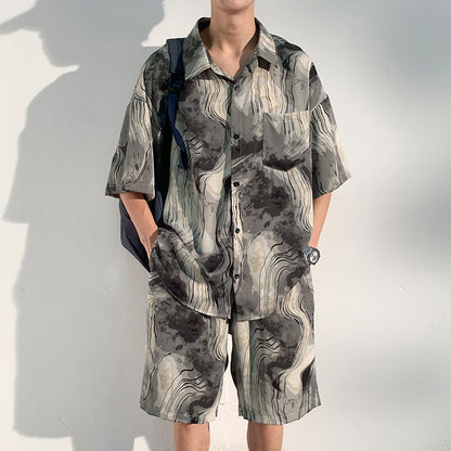 Printed Shirt Men's Beach Suit Summer Seaside Vacation Ice Silk Beach Pants Short Sleeve Men