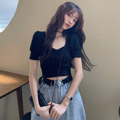 Bubble Sleeve Knitted Short Sleeve T-shirt Women''s Summer Short