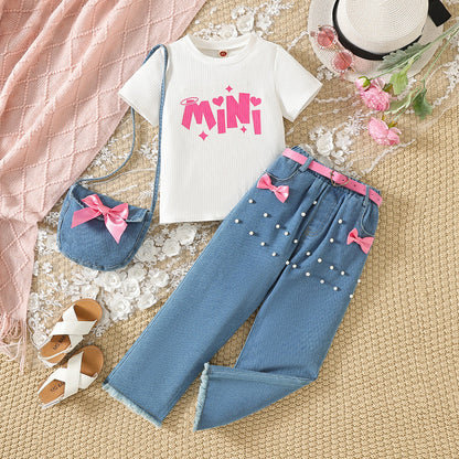 Children's Clothing Round Neck Letter Print T-shirt Denim Trousers Suit