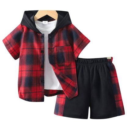 Fashion Children's Short Sleeve Hooded Plaid Suit
