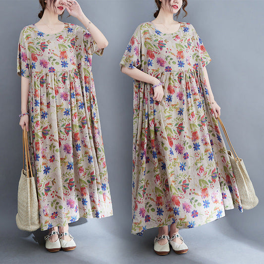 Artistic Large Size Loose Plump Girls Cotton And Linen Printed Short-sleeved Dress Women's Clothing
