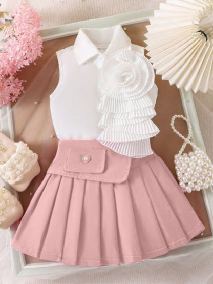 Girl's White Sleeveless Shirt With Rose Red Pleated Skirt Set