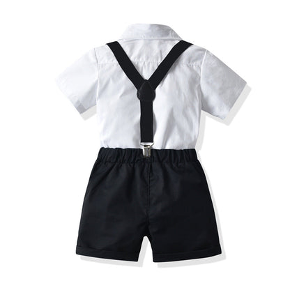 Boys' White Short-sleeved Shirt Suspender Shorts