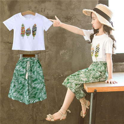 Korean Style Leaf Printed Wide-leg Pants Two-piece Set
