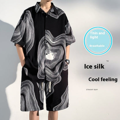 Printed Shirt Men's Beach Suit Summer Seaside Vacation Ice Silk Beach Pants Short Sleeve Men