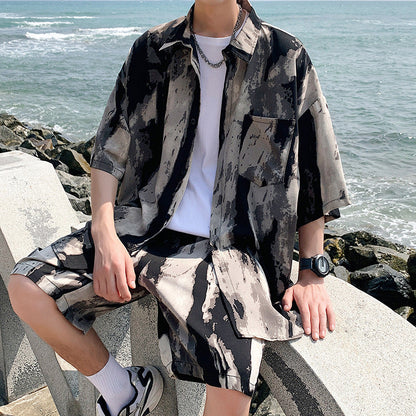 Printed Shirt Men's Beach Suit Summer Seaside Vacation Ice Silk Beach Pants Short Sleeve Men