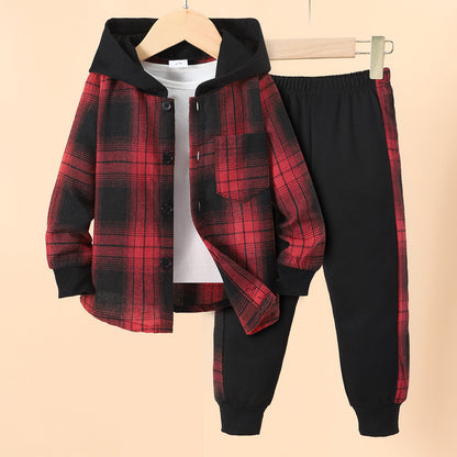 Long Sleeve Plaid Contrast Color Hoodie Two-piece Set