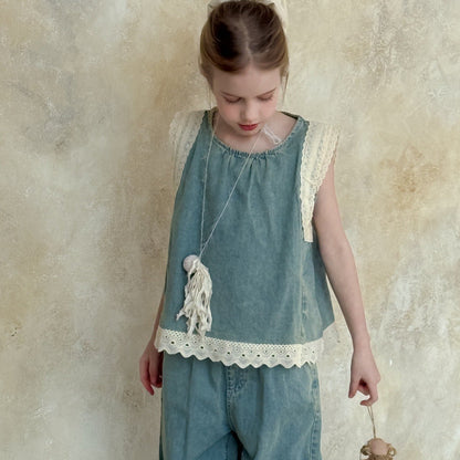 Girls' Lace Trim Denim Cropped Wide-leg Pants Sleeveless Vest Two-piece Set