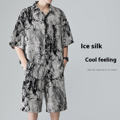 Printed Shirt Men's Beach Suit Summer Seaside Vacation Ice Silk Beach Pants Short Sleeve Men