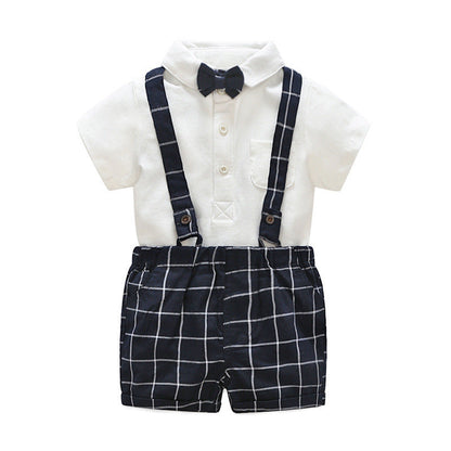 Children's Short-sleeved Knitted One-piece Romper Sheath Romper Plaid Suspender Pants