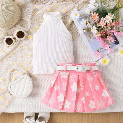 Girls' Pit Striped Halter Sleeveless Top Printed Pleated Skirt Belted Suit