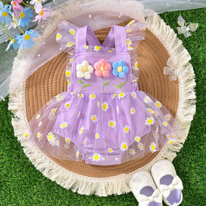 Cute Suspenders Three Flowers Stitching Mesh One-piece Baby's Gown
