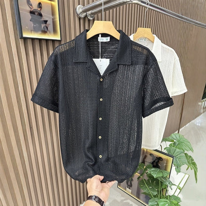 Summer Short Sleeved Shirt Hollow Knitted Men's Loose Trendy Brand