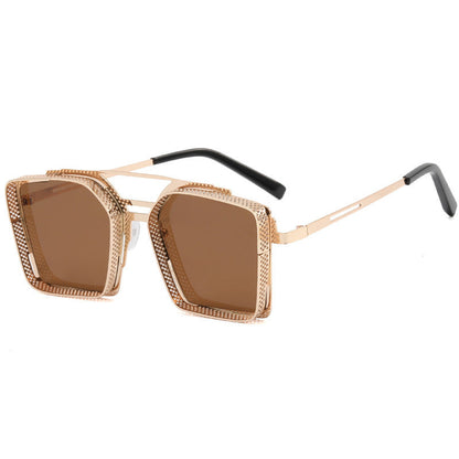 Steam Punk Sunglasses Men's Metal Hollow Square Frame Sunglasses Tide Double Beam Glasses