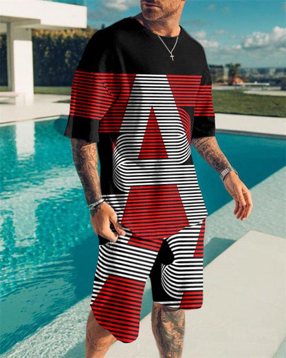 Digital Printing Men Summer Short-sleeved Beach Pants Suit