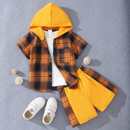 Fashion Children's Short Sleeve Hooded Plaid Suit