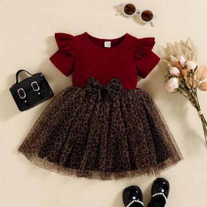 Pullover Cotton Sunken Stripe Short Sleeve Leopard Print Mesh Bow Girls Dress
