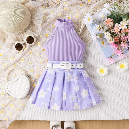 Girls' Pit Striped Halter Sleeveless Top Printed Pleated Skirt Belted Suit