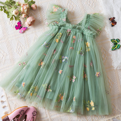 Korean Flower Embroidery Girls' Chiffon Skirt