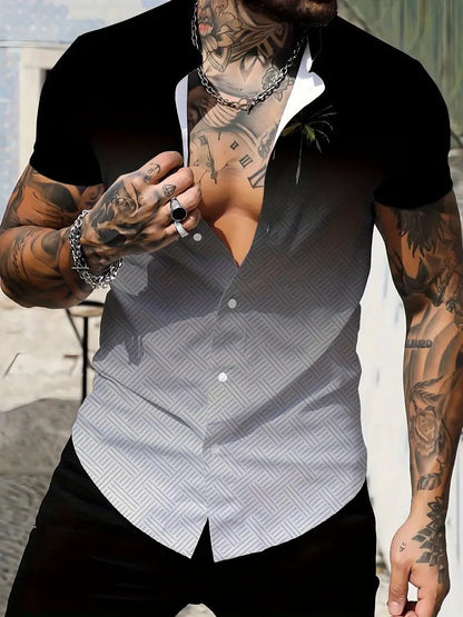 Men's New Geometric Line Style Printing Lapel Short Sleeve Shirt