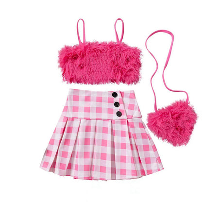 Girls' Fur Sling Solid Color Fur Button Pleated Skirt Bag