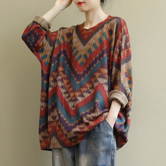Autumn New Large Size Loose Artistic Retro Long Sleeve Striped All-matching Casual Printed Sweater Top Women's Clothing