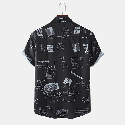 Shirts Mens Funny Abstract Cartoon Slogan Chest Pocket Short