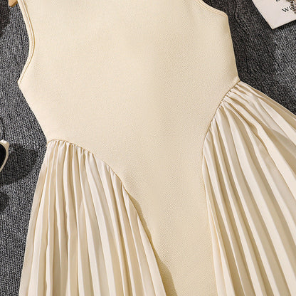 Girls' Stand Collar Elegant Pleated Stitching Sleeveless Formal Dress