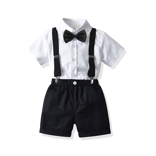 Boys' White Short-sleeved Shirt Suspender Shorts