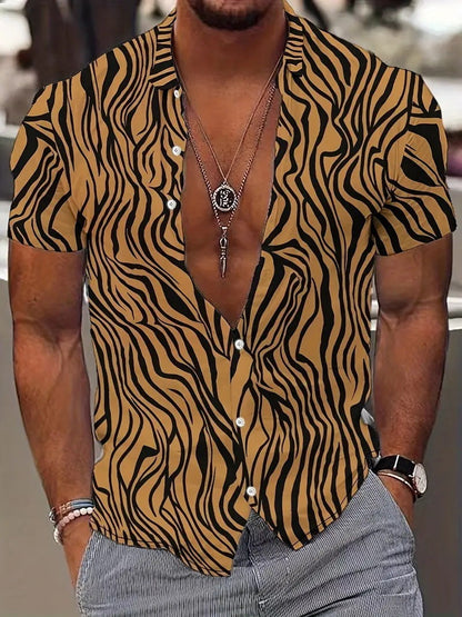 Men's New Geometric Line Style Printing Lapel Short Sleeve Shirt