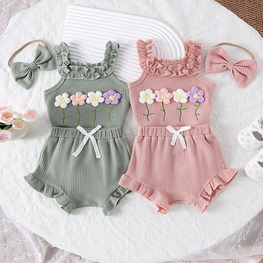 Girls' Summer Embroidered Three-piece Set With Suspenders