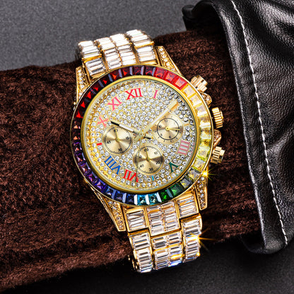 Fashion Three Eyes Rainbow Diamond Daikin Watch Full Square Diamond British Men's Watch