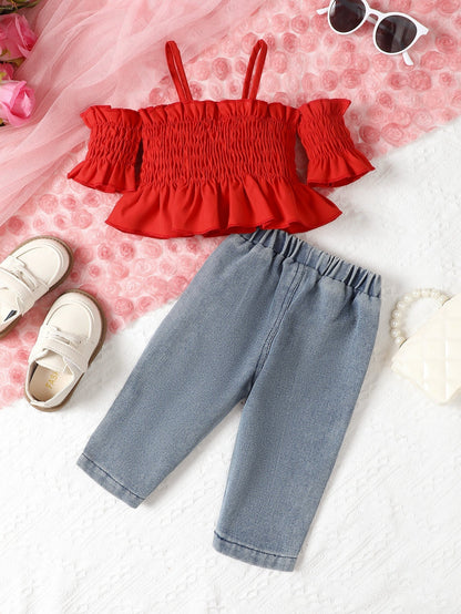 Children's Work Clothes Solid Color Vest Top And Jeans