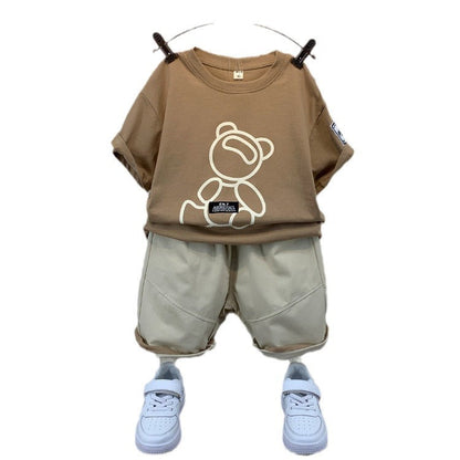 Boys And Girls Solid Color Bear Print Armband T-shirt Short Sleeve Two-piece Set