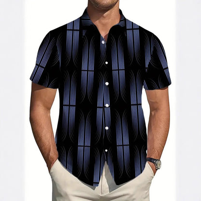 Men's New Geometric Line Style Printing Lapel Short Sleeve Shirt