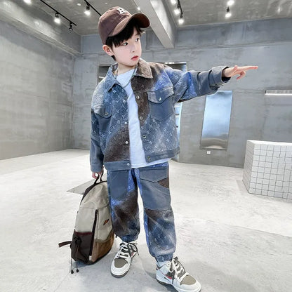New style medium and large children's handsome street boy style denim two-piece suit