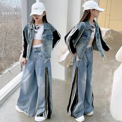 Girls denim suits new styles for middle and large children, hot girls, street style, spliced jacket and jeans two-piece suit