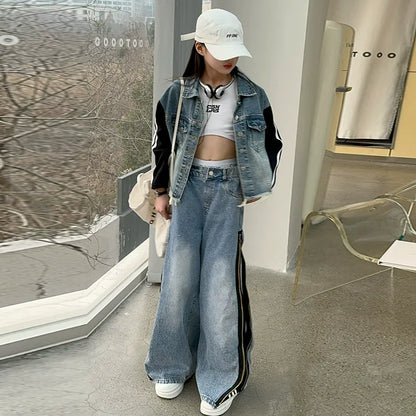 Girls denim suits new styles for middle and large children, hot girls, street style, spliced jacket and jeans two-piece suit