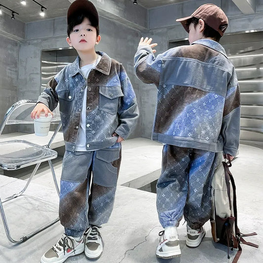 New style medium and large children's handsome street boy style denim two-piece suit