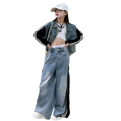 Girls denim suits new styles for middle and large children, hot girls, street style, spliced jacket and jeans two-piece suit
