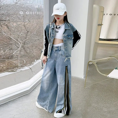 Girls denim suits new styles for middle and large children, hot girls, street style, spliced jacket and jeans two-piece suit