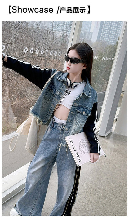 Girls denim suits new styles for middle and large children, hot girls, street style, spliced jacket and jeans two-piece suit