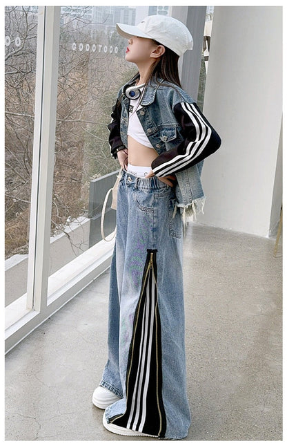 Girls denim suits new styles for middle and large children, hot girls, street style, spliced jacket and jeans two-piece suit